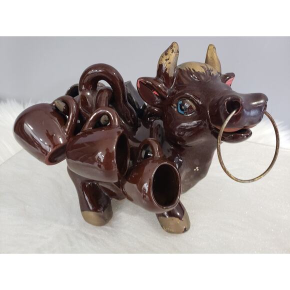 Vintage Cow Bull Decanter 6 Shot Glasses Ceramic MCM Kitschy Japan Bar Barn Mod